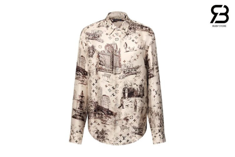 Áo LV Long-Sleeved Silk Shirt Allover Monogram City Walk Print