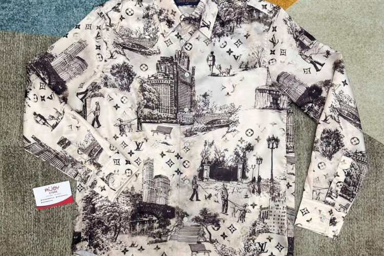 Áo LV Long-Sleeved Silk Shirt Allover Monogram City Walk Print