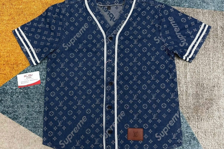 Áo LV Supreme Baseball Shirt Denim Màu Xanh Dương