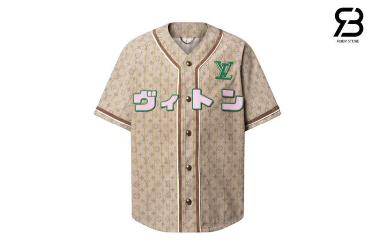 Áo LV Tyler 25SS Runway Baseball Shirt Beige Monogram Pink Logo