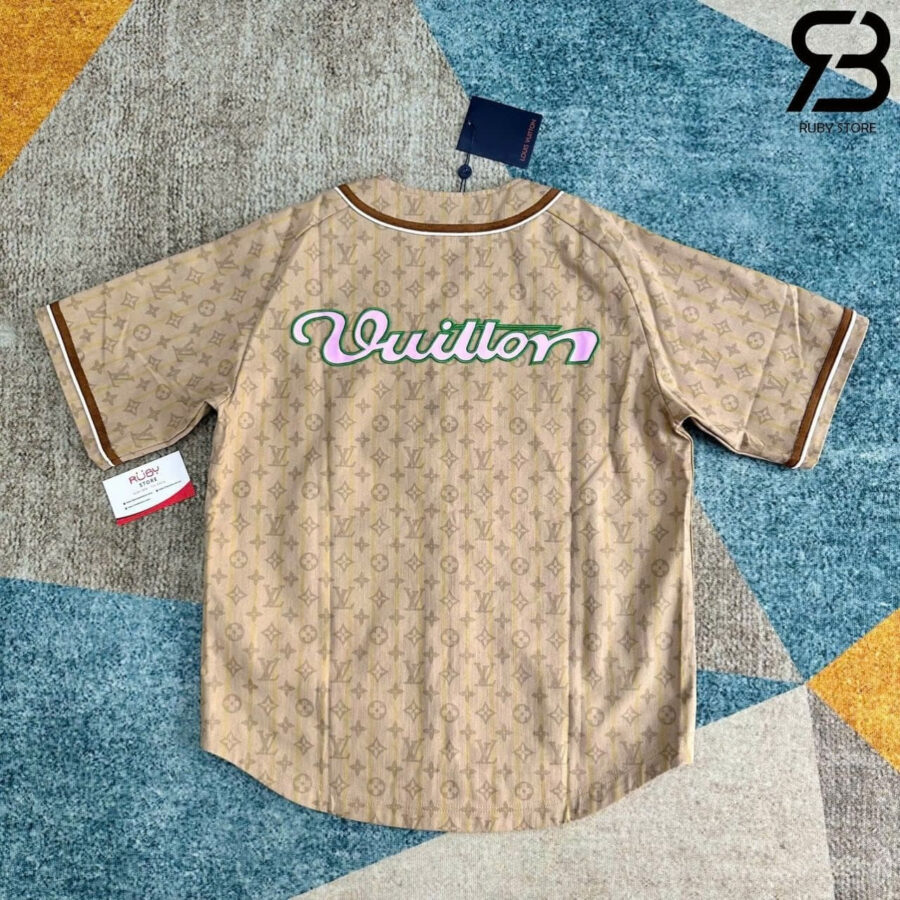 Áo LV Tyler 25SS Runway Baseball Shirt Beige Monogram Pink Logo