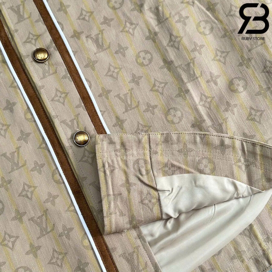 Áo LV Tyler 25SS Runway Baseball Shirt Beige Monogram Pink Logo