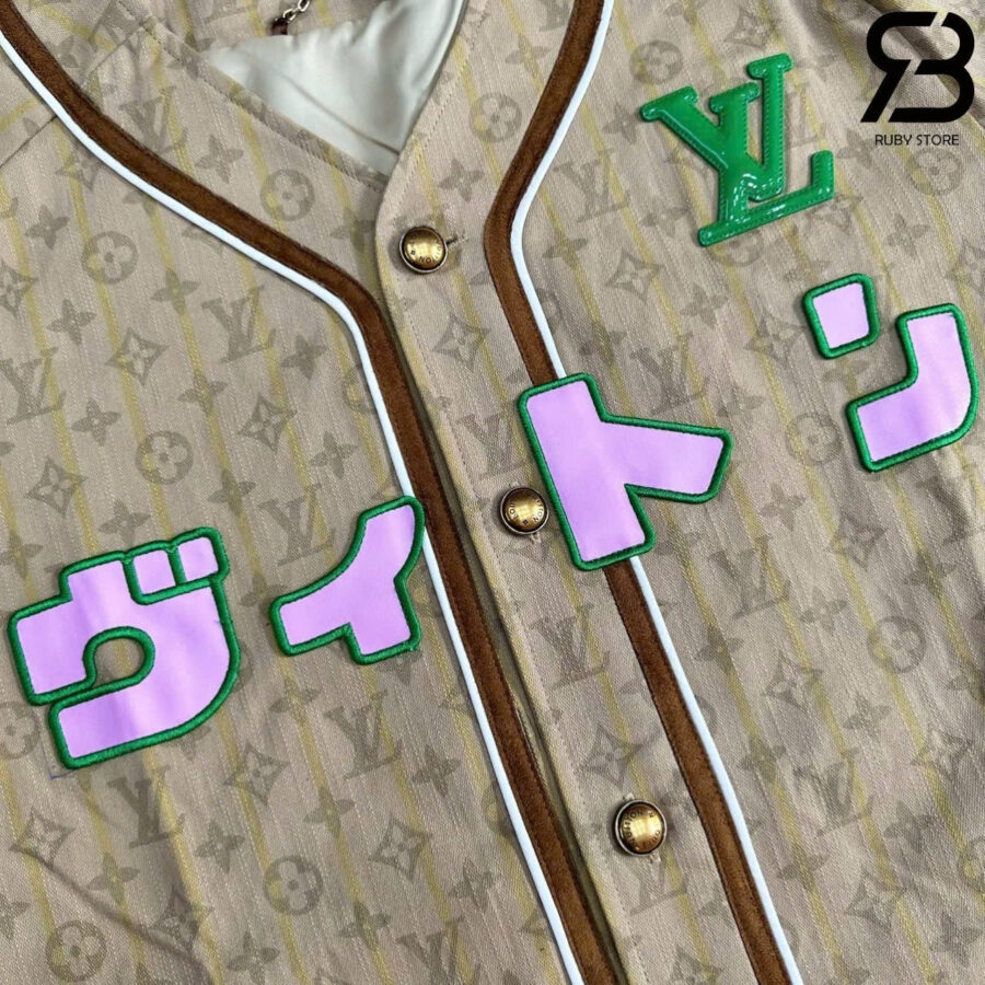 Áo LV Tyler 25SS Runway Baseball Shirt Beige Monogram Pink Logo