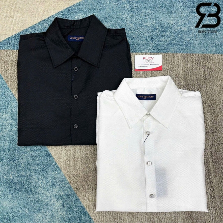 Áo S¡ Mi LV Jacquard Damier Long-Sleeved Silk Shirt Màu đen