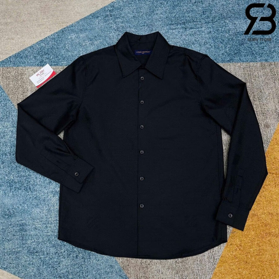 Áo Sơ Mi LV Jacquard Damier Long-Sleeved Silk Shirt Màu đen