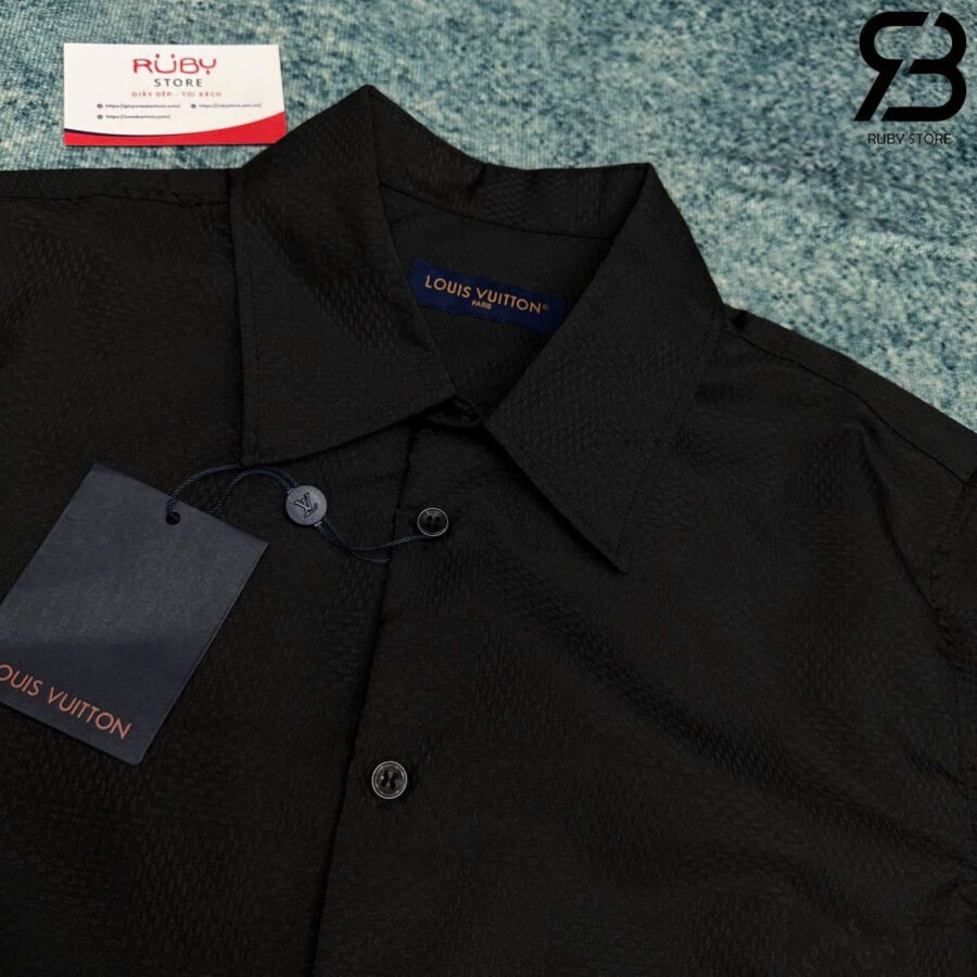 Áo Sơ Mi LV Jacquard Damier Long-Sleeved Silk Shirt Màu đen