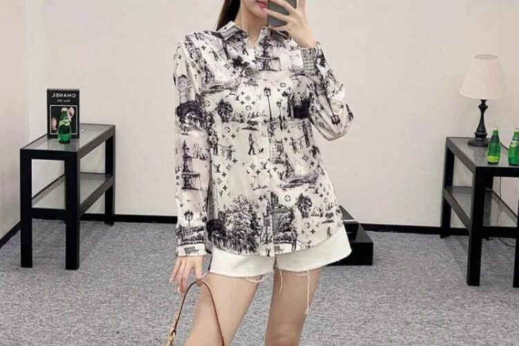 Áo LV Long-Sleeved Silk Shirt Allover Monogram City Walk Print Best Quality