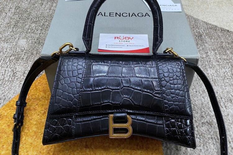 Túi Balenciaga Hourglass Small Bag Black Croc Embossed