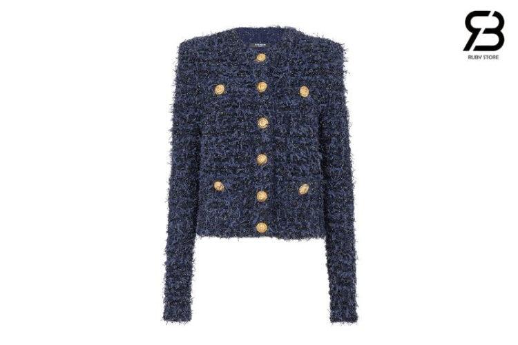 Áo Balmain Cropped Tweed Knit Jacket Navy Màu Xanh