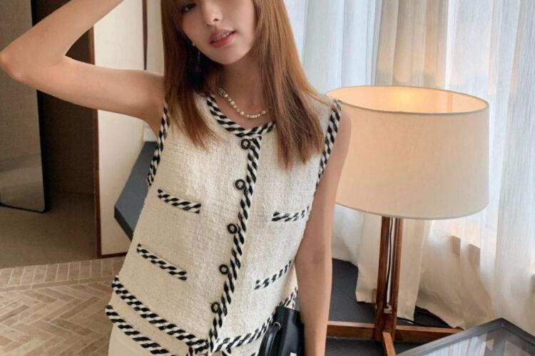 Áo CN 2025 Tweed Vest White Black Customized Trắng Đen