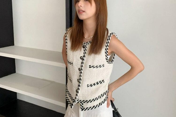 Áo CN 2025 Tweed Vest White Black Customized Trắng Đen