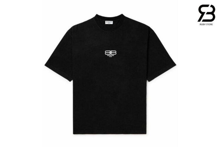 Áo Thun Balenciaga Embroidered Logo Cotton T-Shirt Black Đen