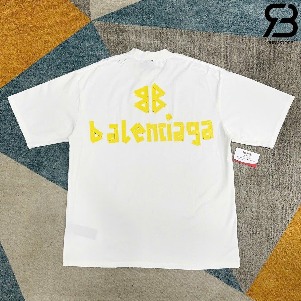 Áo Thun Balenciaga Tape Type T-Shirt In White Vintage Jersey Trắng