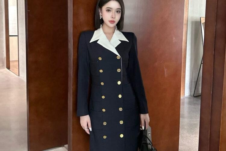 Đầm CN 24SS Black Dress Gold Button Xanh Dương
