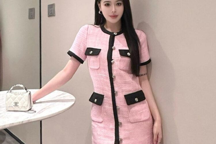 Đầm CN 24SS Pink Black Tweed Dress Màu Hồng