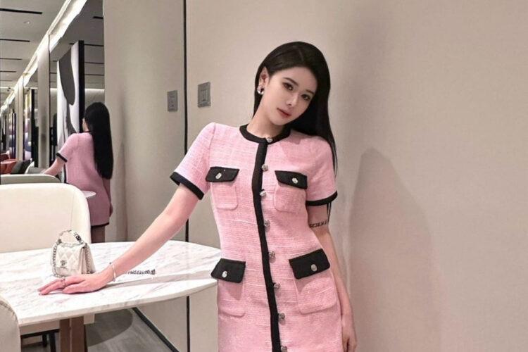 Đầm CN 24SS Pink Black Tweed Dress Màu Hồng