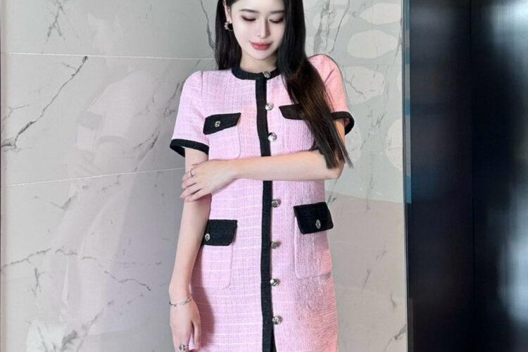 Đầm CN 24SS Pink Black Tweed Dress Màu Hồng