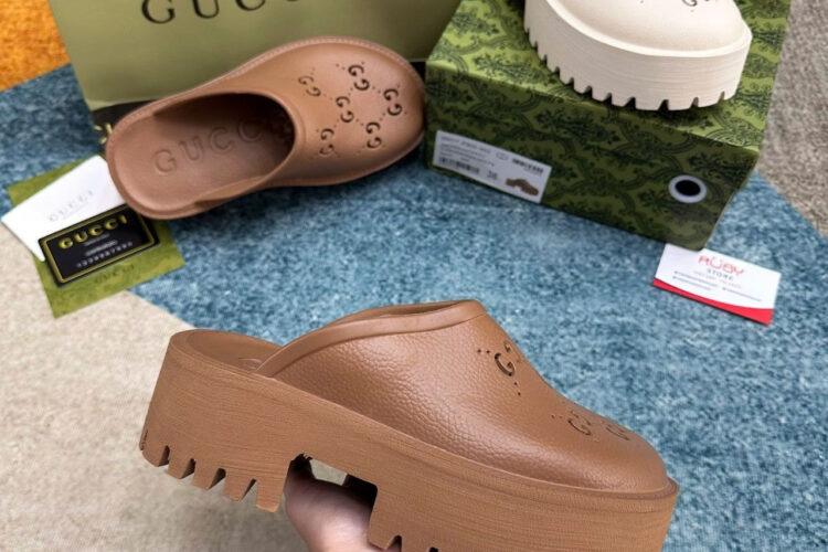 Dép Gucci GG Perforated Rubber Clogs Brown Màu Nâu