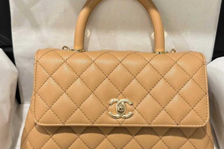 Túi CN Coco 9.5 Top Handle Bag Dark Beige Caviar Size 24 Màu Be