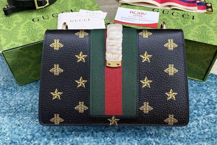 Túi Gucci Small Sylvie Bee Star Black Leather Shoulder Bag