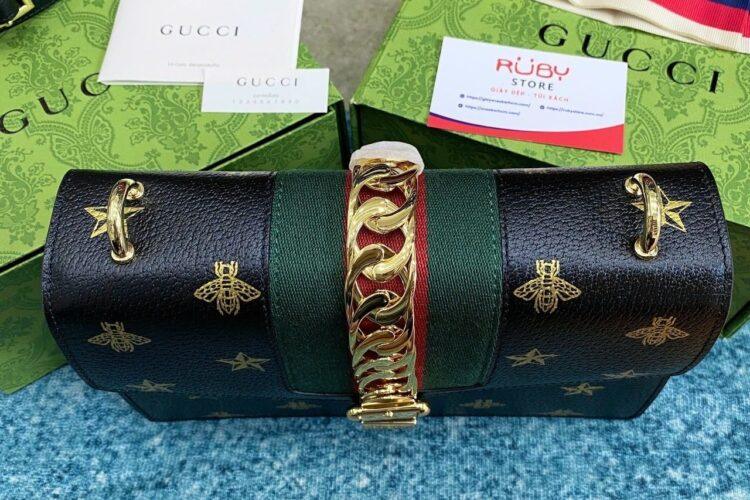 Túi Gucci Small Sylvie Bee Star Black Leather Shoulder Bag