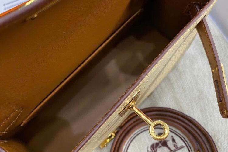 Túi Hermes Kelly Mini II 20 Bicolor Vanilla Gold Matte Alligator GHW