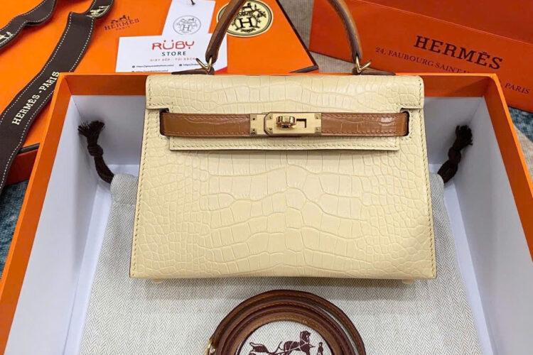 Túi Hermes Kelly Mini II 20 Bicolor Vanilla Gold Matte Alligator GHW