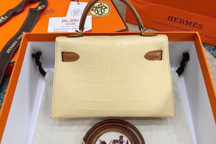 Túi Hermes Kelly Mini II 20 Bicolor Vanilla Gold Matte Alligator GHW
