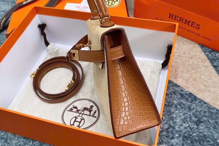 Túi Hermes Kelly Mini II 20 Bicolor Vanilla Gold Matte Alligator GHW
