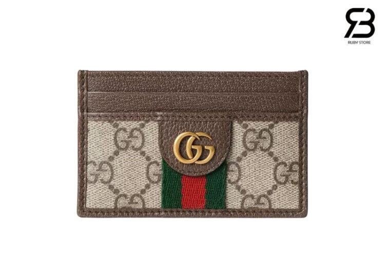 Ví Gucci Ophidia Card Case In Beige And Dark Brown Fabric