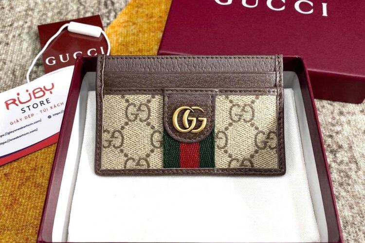 Ví Gucci Ophidia Card Case In Beige And Dark Brown Fabric