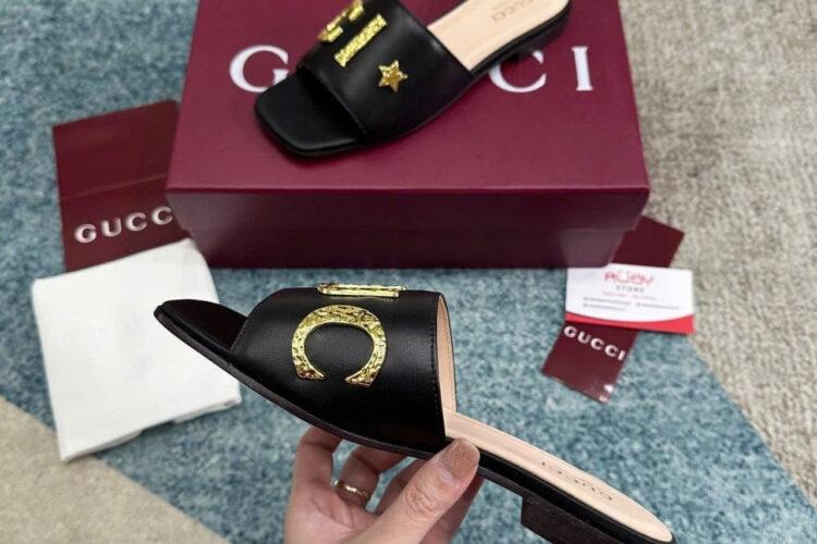 Dép Gucci Cara Logo Leather Flat Slides In Black
