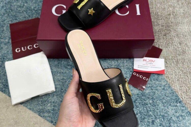 Dép Gucci Cara Logo Leather Flat Slides In Black