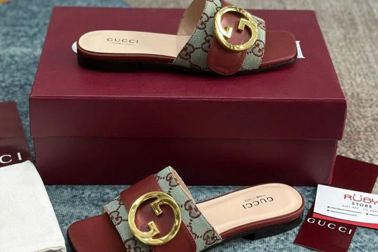 Dép Gucci GG Slide Sandal Brown Blue Màu Nâu Xanh