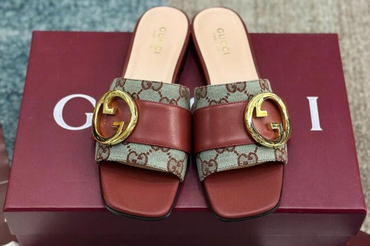 Dép Gucci GG Slide Sandal Brown Blue Màu Nâu Xanh