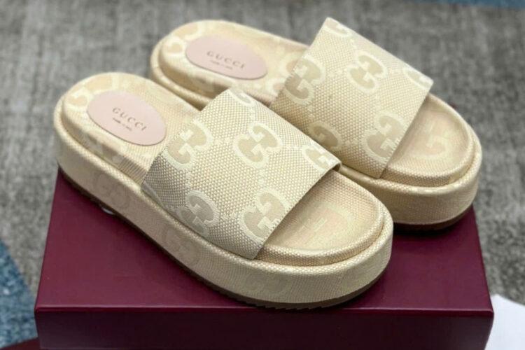 Dép Gucci Maxi GG Platform Slide Beige Màu Be