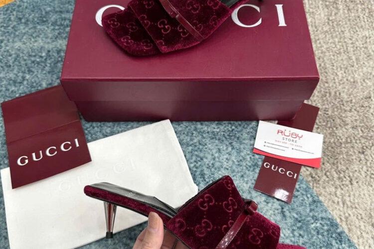 Giày Cao Gót Nhung Gucci Jacquard Burgundy Velvet Bow Mules Màu đỏ