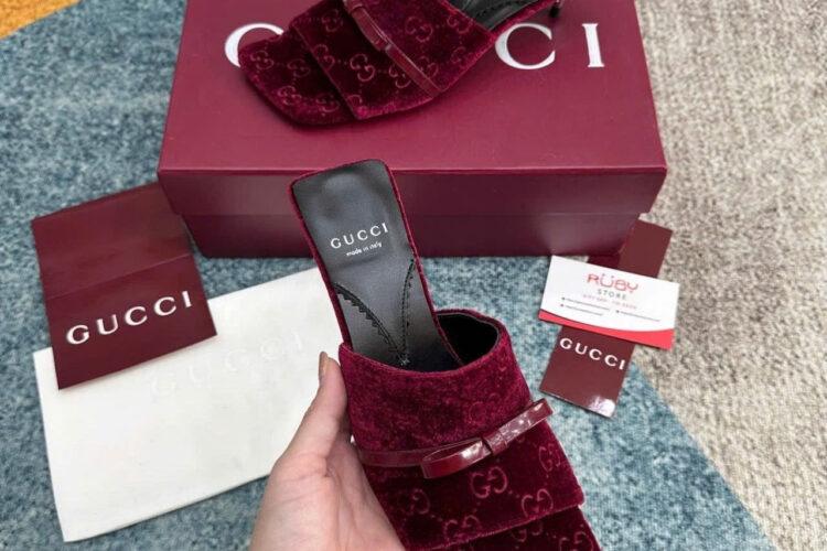 Giày Cao Gót Nhung Gucci Jacquard Burgundy Velvet Bow Mules Màu đỏ