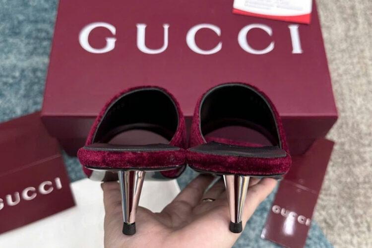 Giày Cao Gót Nhung Gucci Jacquard Burgundy Velvet Bow Mules Màu đỏ