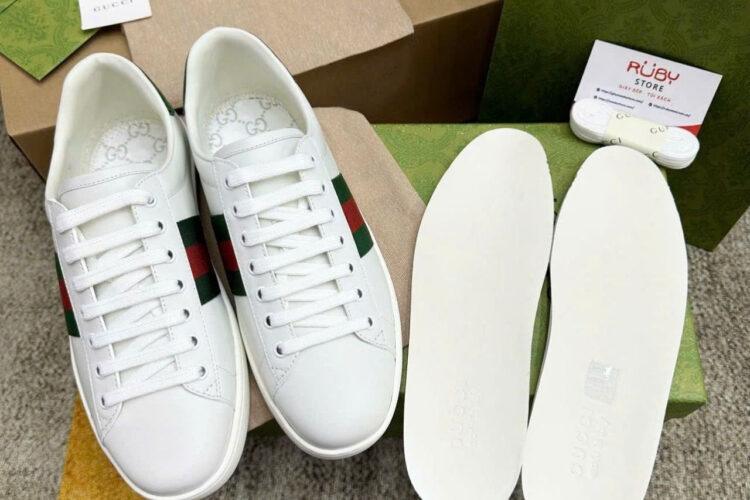 Giày Gucci Ace Web Stripe White Leather Da Bê Màu Trắng
