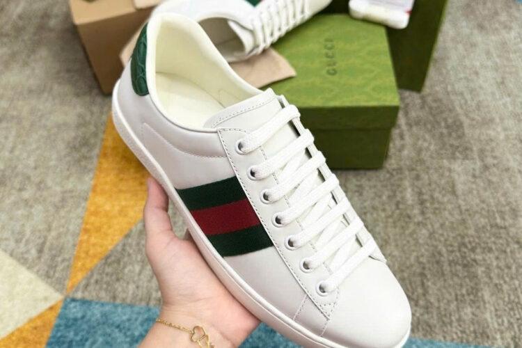 Giày Gucci Ace Web Stripe White Leather Da Bê Màu Trắng