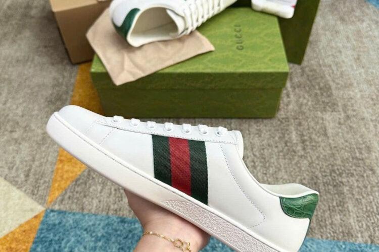 Giày Gucci Ace Web Stripe White Leather Da Bê Màu Trắng