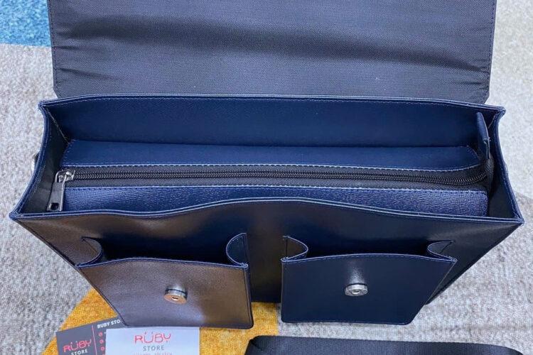 Túi Hộp RUBY Top Handle Bag Two Pocket Navy Taiga Leather Màu Xanh Navy