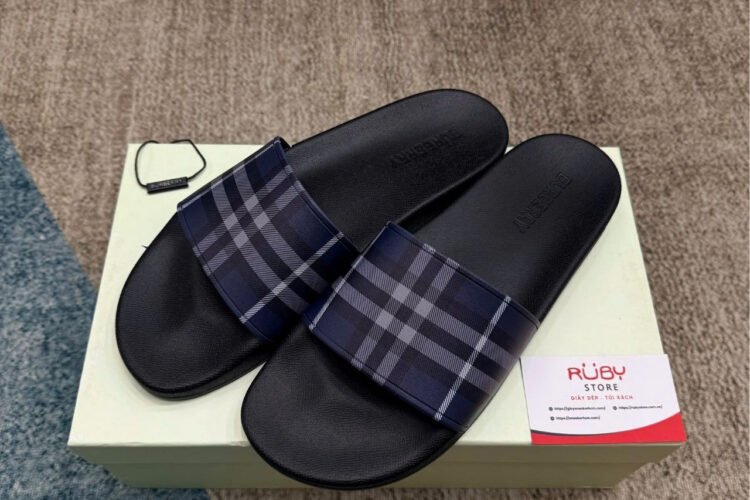 Dép Burberry Check Slides Storm Blue Xanh đen