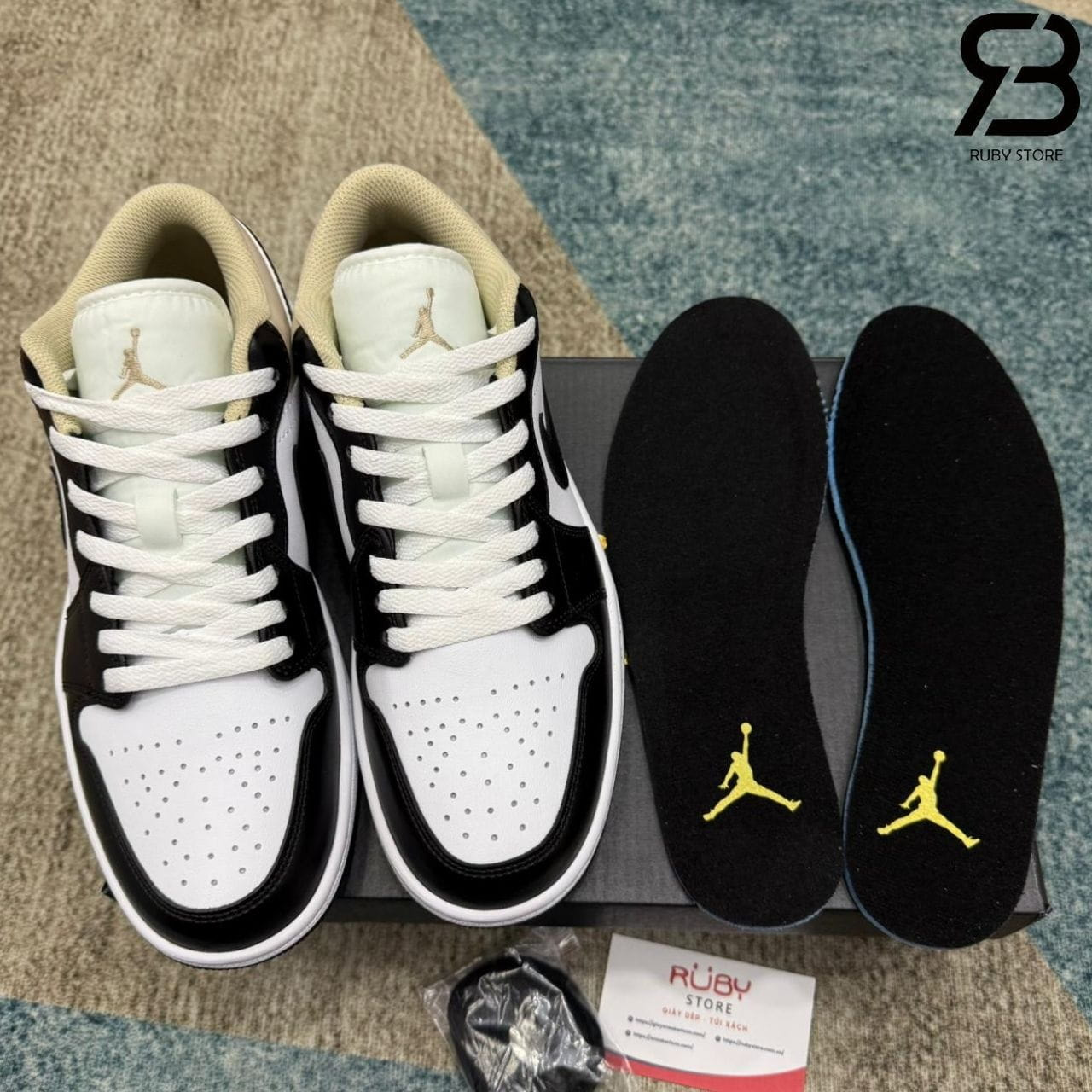 Giày Air Jordan 1 Low Black Toe Rattan Kem Trắng đen
