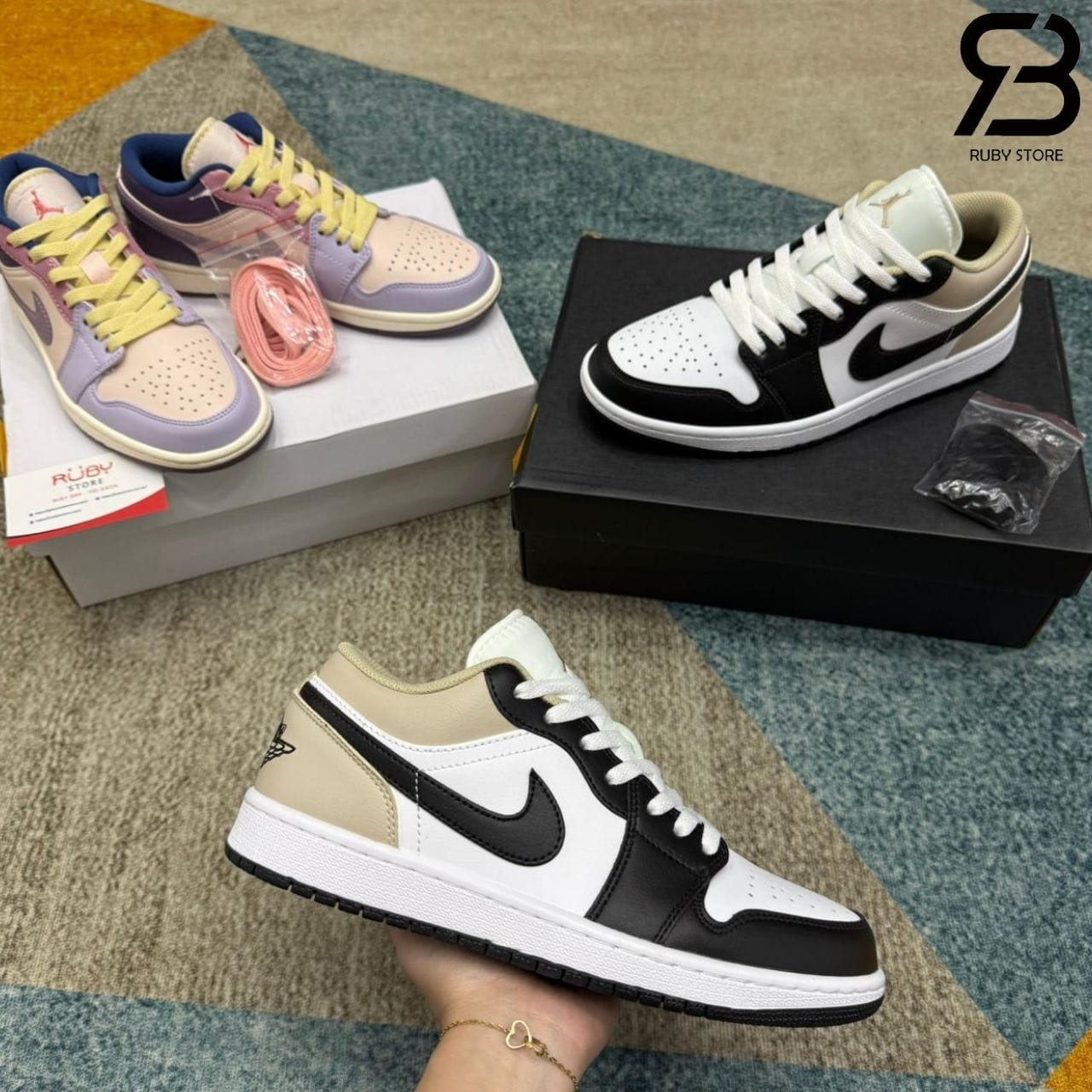 Giày Air Jordan 1 Low Black Toe Rattan Kem Trắng đen