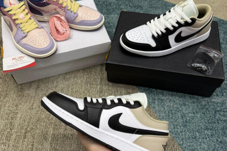 Giày Air Jordan 1 Low Black Toe Rattan Kem Trắng đen