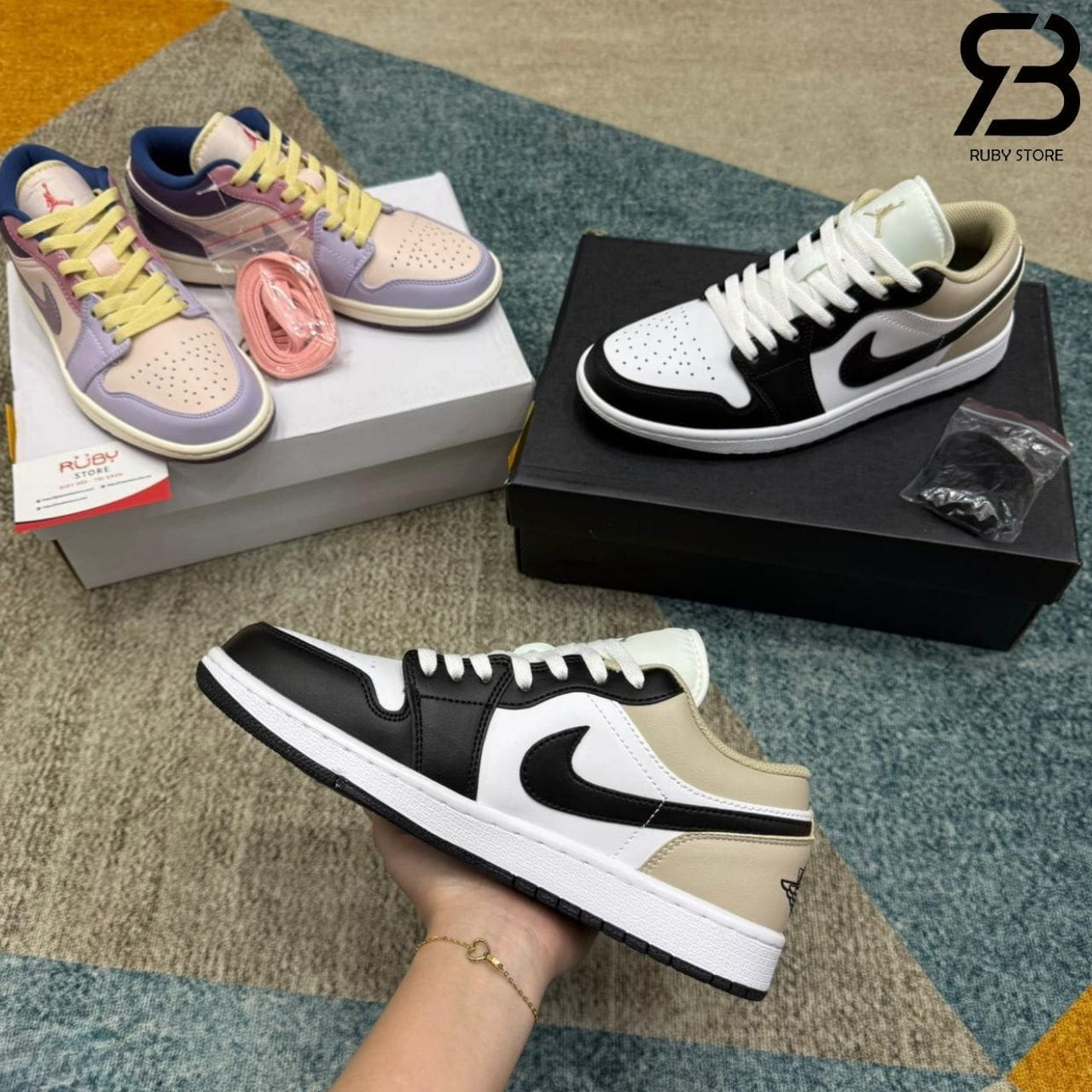 Giày Air Jordan 1 Low Black Toe Rattan Kem Trắng đen