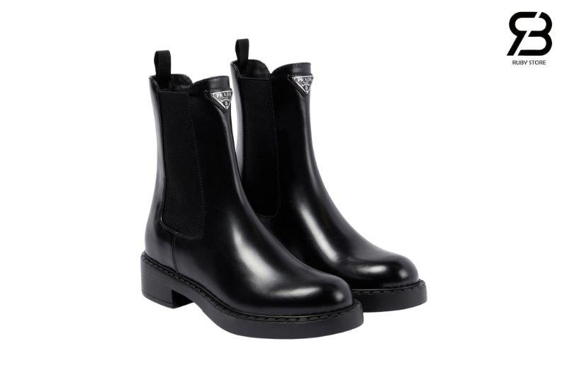 Giày Boots Prada Ankle Logo Leather In Black Màu Đen
