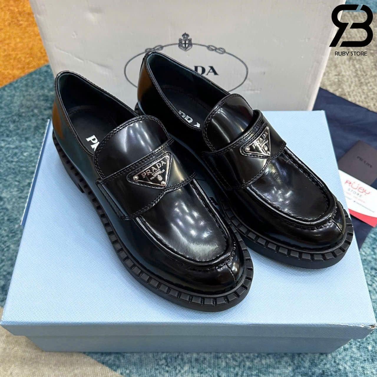 Giày Prada Chocolate Brushed Leather Loafers Black Màu đen